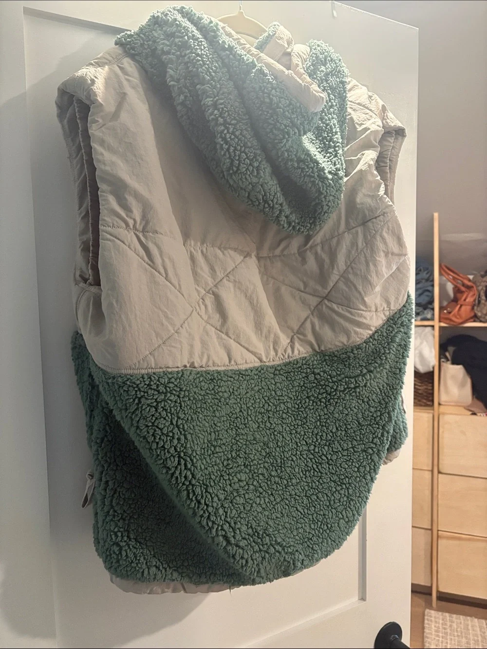 Free People Two-Tone Quilted Hooded Sherpa Vest in Cream and Sage